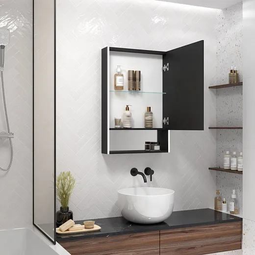 Зеркальный шкаф Filit Black 600х800 правый, лента в алюминиевом профиле, датчик движения (с функцией изменения яркости), розетка, логотип "Continent", открытая зеркальная ниша МВК184