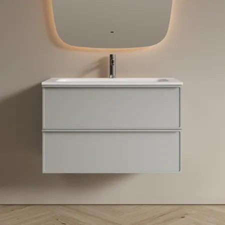 Тумба подвесная под столешницу Sancos Вельта (Velta) 80x45x50см, два ящика оснащенные доводчиками скрытого монтажа с системой плавного закрытия (Soft close), тёплый серый,  VL80WG