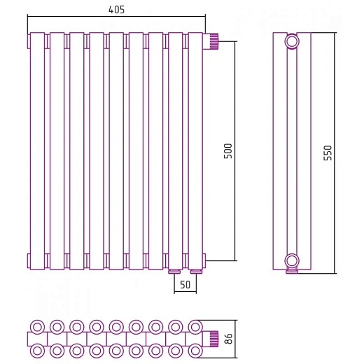 Радиатор отопления Сунержа Эстет-00 EU50, 9 секций, нижнее подключение, цвет матовая шампань, 022-0322-5009