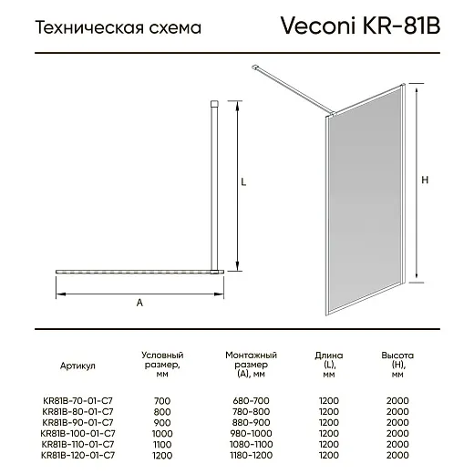 Душевой уголок Veconi KR-81B 100x200 прозрачное стекло / профиль черный матовый