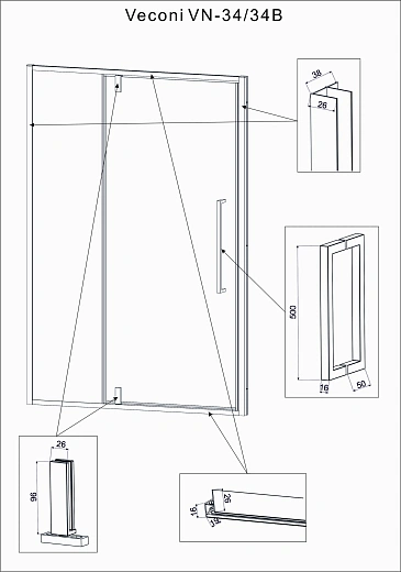 Душевая дверь Veconi VN34-100-01-C7 100x195 стекла прозрачные, профиль хром