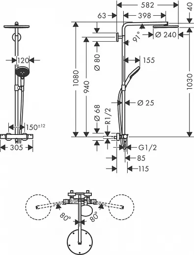Душевая система Hansgrohe Raindance S 240 PowderRain 1jet Showerpipe 27633340, черный хром