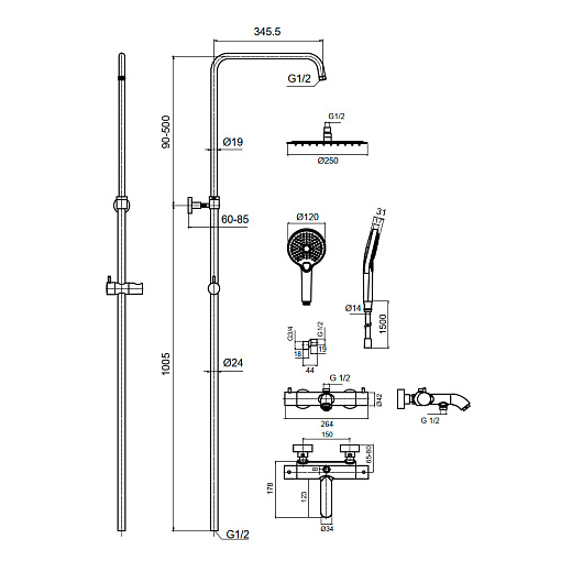 AQM8008MB   Душевая система  AQUAme с терм. и изливом, Ø250, лейка 3 реж,  высота 1100-1500мм, Черный матовый