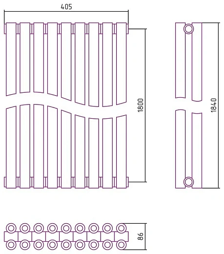 Радиатор стальной трубчатый Сунержа Эстет-00, ширина 40 см, высота 180 см, 9 секций, боковое подключение, хром, 00-0332-1809