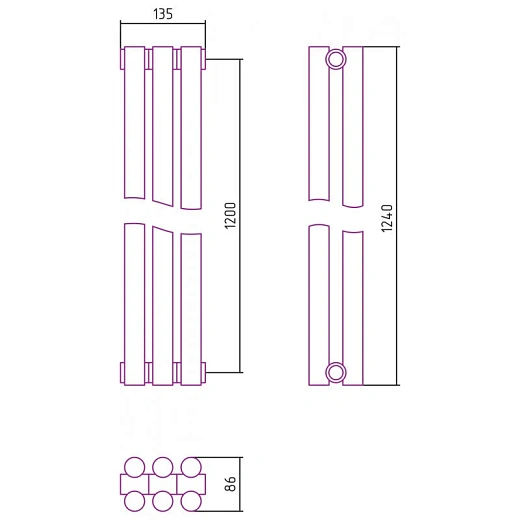 Радиатор трубчатый Сунержа Эстет-11, 3 секции, боковое подключение, цвет золото, 03-0302-1203