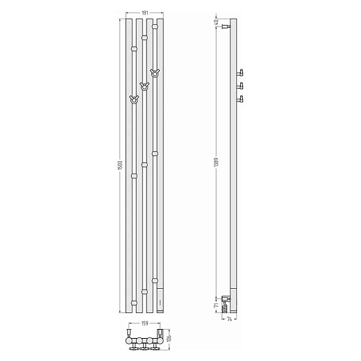 Полотенцесушитель электрический Сунержа Кантата 3.0 03-5846-1516/03-5847-1516, ширина 15.9 см, высота 150 см, диммер слева/справа, цвет золото