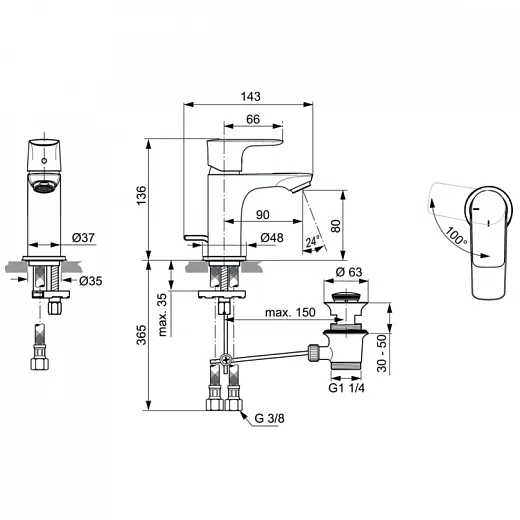Смеситель для умывальника Ideal Standard CONNECT AIR A7017A2, технология Blue Start, металлический донный клапан