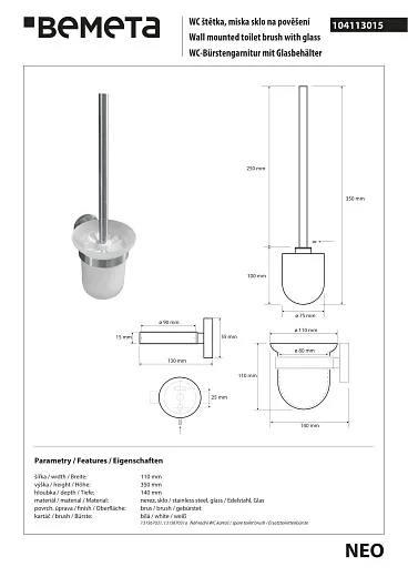 Ершик Bemeta Neo 104113015 11,5 x 13 x 36 см настенный, хром матовый, щетка белая