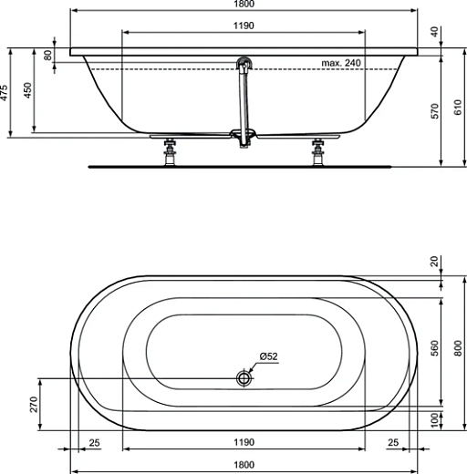 Ванна акриловая Ideal Standard Connect Air овальная 180x80 E106801