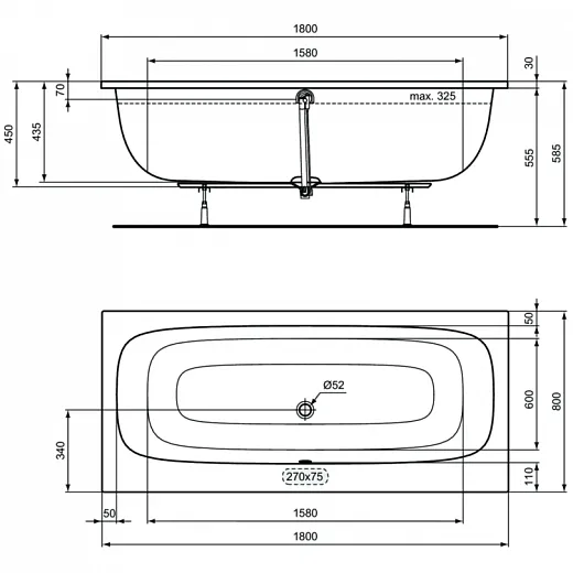 Ванна акриловая прямоугольная встраиваемая Ideal Standard i.life Duo 180x80см, T476401