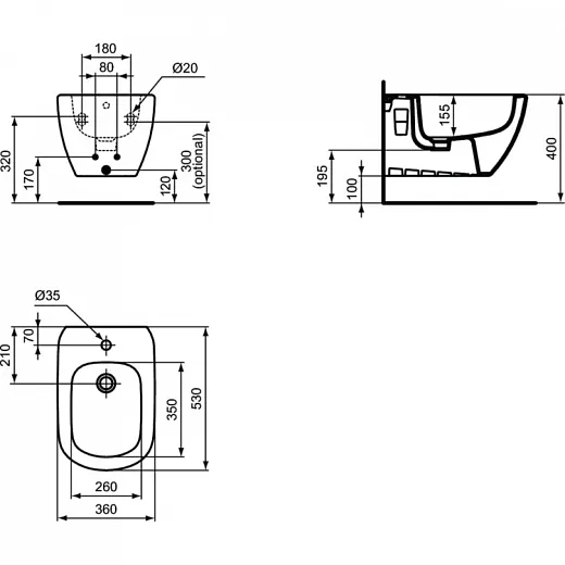 Биде подвесное с отверстием под смеситель Ideal Standard TESI T3552V1