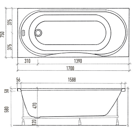 Ванна акриловая Eurolux Oliva 170x75 белая