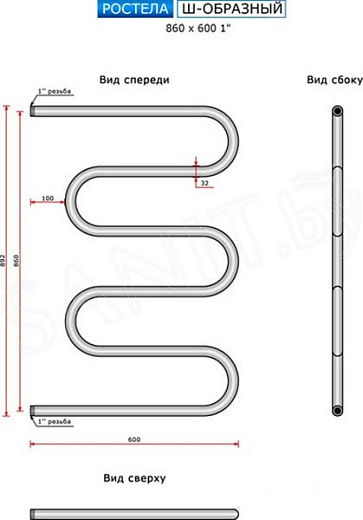 Полотенцесушитель Ростела Ду-25 Ш-образный боковое подключение 1" 86x60
