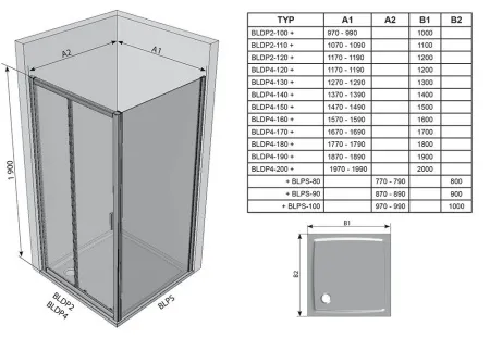 Душевая стенка BLPS-90 блестящий+стекло графит