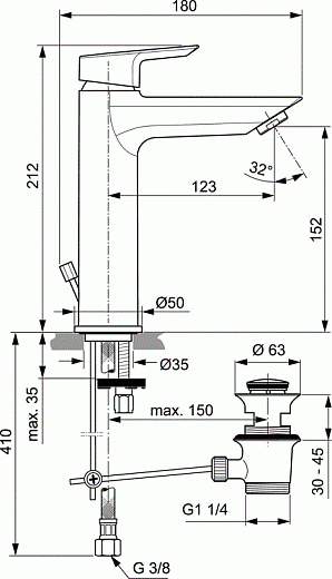 Смеситель для раковины Ideal Standard Tesi Grande A6563AA с донным клапаном