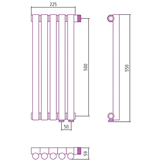 Радиатор трубчатый Сунержа Эстет-1 EU50, 5 секций, левое/правое нижнее подключение, цвет матовая шампань, 022-0310-5005/022-0311-5005