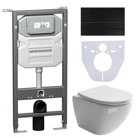 Сет 4 в 1: инсталляция Ceramicanova Envision с подвесным унитазом Metropol CN4002_1002B_1000 Rimless CN4002, шумоизоляция, кнопка смыва Flat черный матовый
