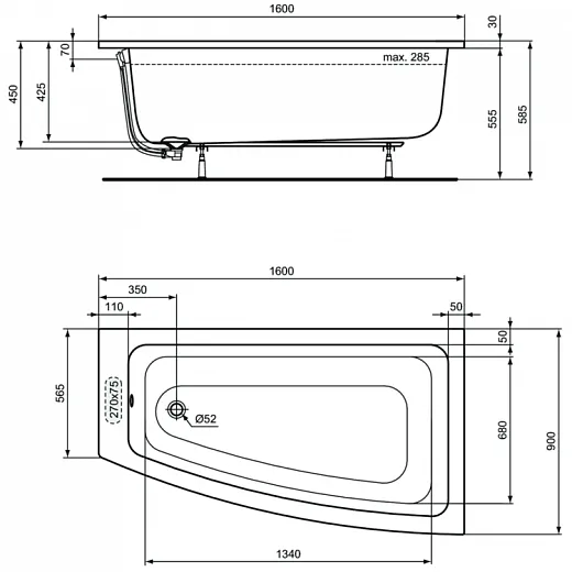 Ванна акриловая асимметричная Ideal Standard i.life 160x90см, T476901