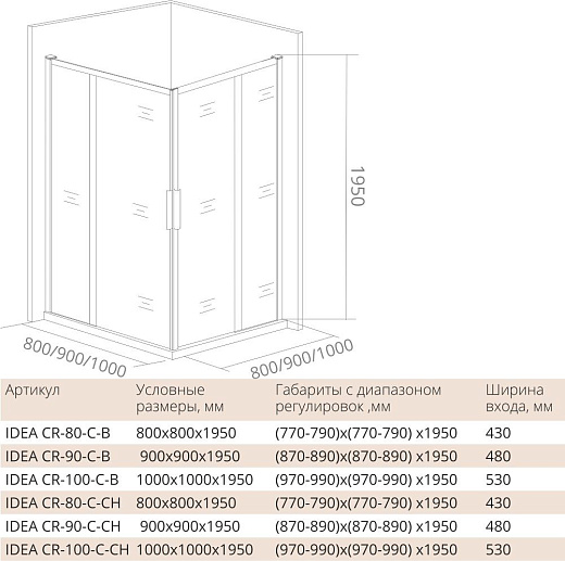 Душевой уголок Good Door Idea CR-80-C-CH, 80 х 80 x 195 см, стекло прозрачное, профиль хром, ИД00015