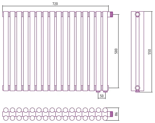 Радиатор стальной трубчатый Сунержа Эстет-11 EU50, ширина 75 см, высота 50 см, 16 секций, нижнее подключение левое EU50/правое EU50, хром, 00-0312-5016