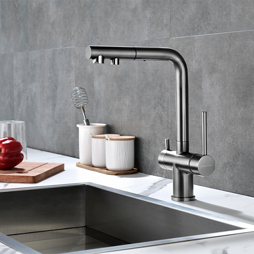 Смеситель PAULMARK SERPENTINE Se213222-GM, (черный/вороненая сталь)