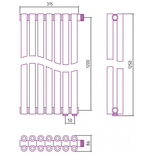 Радиатор трубчатый Сунержа Эстет-00 EU50, 7 секций, нижнее подключение, цвет золото, 03-0322-1207