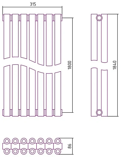 Радиатор стальной трубчатый Сунержа Эстет-00, ширина 35 см, высота 180 см, 7 секций, боковое подключение, хром, 00-0332-1807
