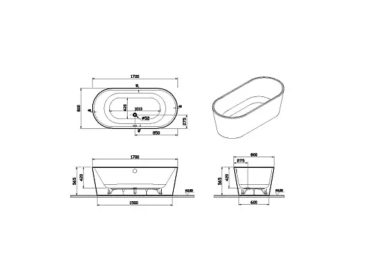Ванна акриловая VitrA Geo 170 x 80.5 см отдельностоящая+ножки+скрытый сифон, прямоугольная, белая, 65370006000