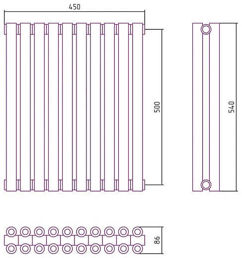Радиатор стальной трубчатый Сунержа Эстет-00, ширина 45 см, высота 50 см, 10 секций, боковое подключение, хром, 00-0332-5010