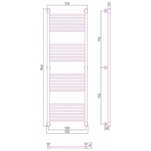 Полотенцесушитель водяной Сунержа Богема+ 31-0220-1550, 1500x500, цвет матовый черный
