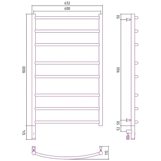 Полотенцесушитель электрический Сунержа Галант 3.0, высота 100 см, ширина 60 см, диммер слева/справа, цвет шампань, 020-5800-1060/020-5801-1060