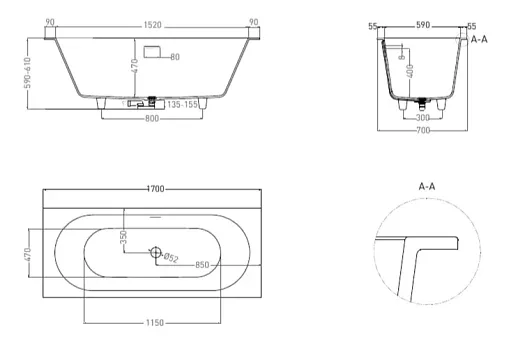 Ванна Salini Ornella Axis Kit 104723MF, 170 х 70 см, из искусственного камня S-Stone, цвет белый матовый, покраска по RAL полностью
