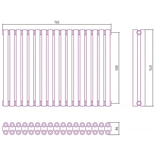 Радиатор отопления Сунержа Эстет-00, ширина 76.5 см, высота 50 см, 17 секций, боковое подключение, цвет матовая шампань, 022-0332-5017