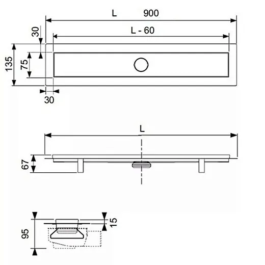 Душевой лоток TECE TECElinus 15103090, 90 см с основой для плитки tile и панелью steel 2 в 1