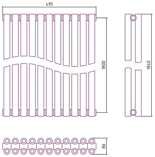 Радиатор стальной трубчатый Сунержа Эстет-00, ширина 50 см, высота 180 см, 11 секций, боковое подключение, хром, 00-0332-1811
