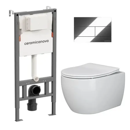 Комплект: инсталляция Ceramicanova Balance с кнопкой Balance Rect хром и унитаз подвесной Ceramicanova Play Rimless с сиденьем микролифт