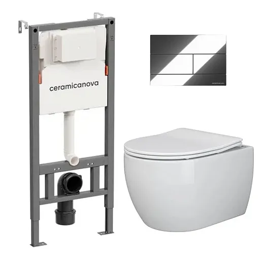 Комплект: инсталляция Ceramicanova Balance с кнопкой Balance Rect хром и унитаз подвесной Ceramicanova Play Rimless с сиденьем микролифт