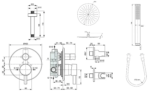 Система скрытого монтажа Ideal Standard Ceraline хром (6 in 1) SetA6939AA-4, верхний душ 300мм потолочный