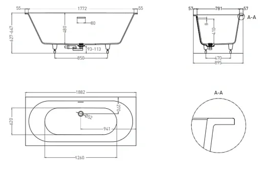 Ванна Salini Ornella Axis Kit 103522MF, 190 х 90 см, из искусственного камня S-Stone, цвет белый матовый, покраска по RAL полностью