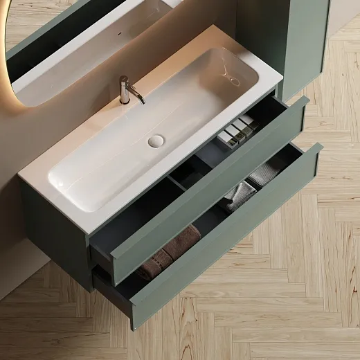 Тумба подвесная под столешницу Sancos Вельта (Velta) 120x45x50см, два ящика оснащенные доводчиками скрытого монтажа с системой плавного закрытия (Soft close), серо-зелёный, VL120GG