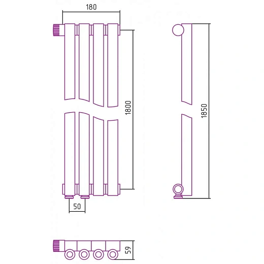 Радиатор трубчатый Сунержа Эстет-0 EU50, 4 секции, нижнее подключение левое/правое, цвет золото, 03-0320-1804/03-0321-1804