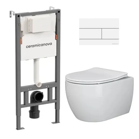 Комплект: инсталляция Ceramicanova Balance с кнопкой Balance Rect белой и унитаз подвесной Ceramicanova Play Rimless с сиденьем микролифт