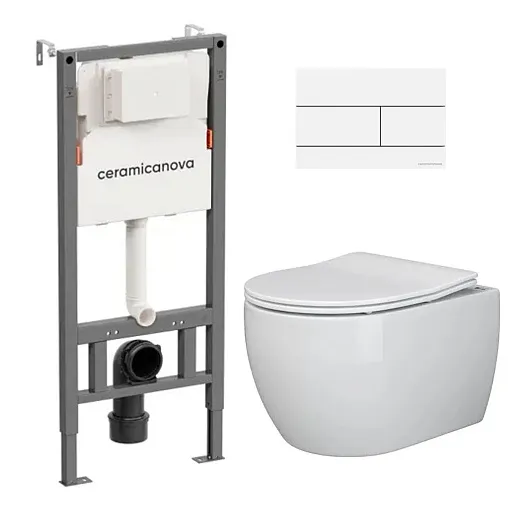 Комплект: инсталляция Ceramicanova Balance с кнопкой Balance Rect белой и унитаз подвесной Ceramicanova Play Rimless с сиденьем микролифт