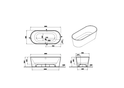 Ванна акриловая VitrA Geo 180 x 80,5 см отдельностоящая+ножки+скрытый сифон, прямоугольная, белая, 65380006000