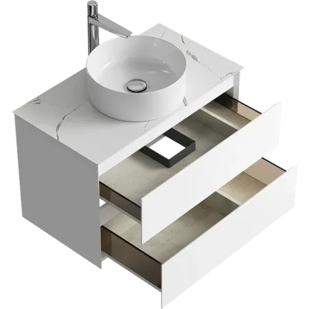Комплект подвесной тумбы Aqwella Geometria 81x48 см на 2 ящика, белый со столешницей из керамогранита, мрамор белый