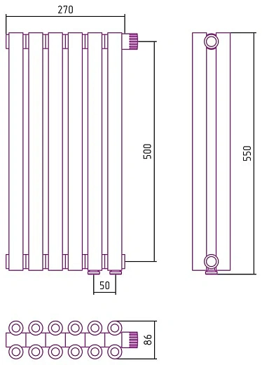 Радиатор стальной трубчатый Сунержа Эстет-00 EU50, ширина 30 см, высота 50 см, 6 секций, нижнее подключение левое EU50/правое EU50, хром, 00-0322-5006
