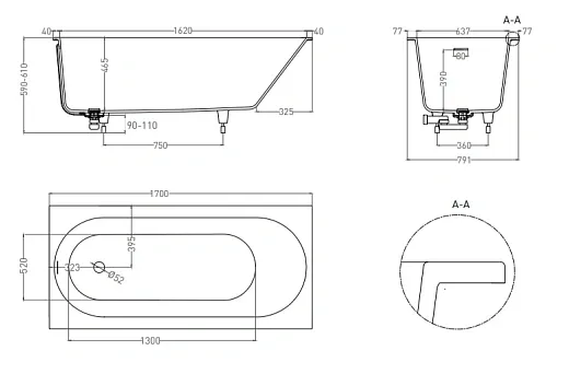Ванна Salini Ornella Kit 102424MF, 170 х 80 см, из искусственного камня S-Stone, цвет белый матовый, покраска по RAL полностью