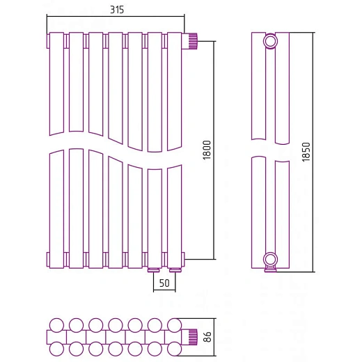 Радиатор трубчатый Сунержа Эстет-11 EU50, 7 секций, нижнее подключение, цвет матовое золото, 032-0312-1807