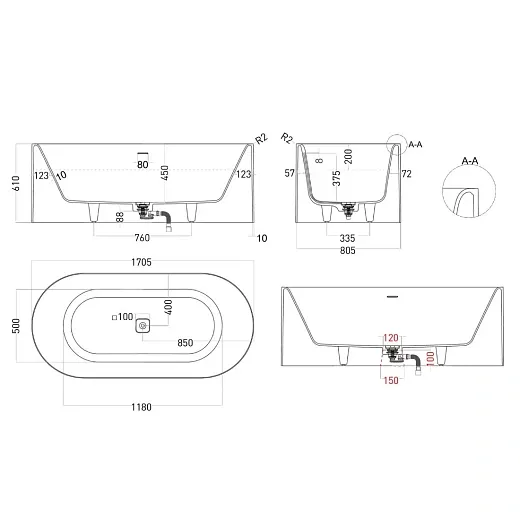 Ванна Salini Perla 1049201MF, 170 х 80 см, из искусственного камня S-Stone, с донным клапаном, цвет белый матовый, покраска по RAL полностью