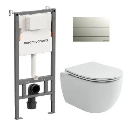 Комплект: инсталляция Ceramicanova Balance с кнопкой Balance Rect брашированный никель и унитаз подвесной Ceramicanova Play Tornado с сиденьем микролифт